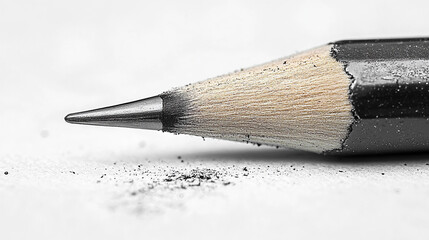 Sharpened pencil tip with graphite dust on white paper