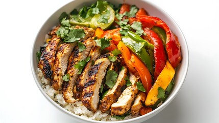 Healthy grilled chicken rice bowl with colorful bell peppers and fresh cilantro on white background, top view
