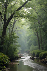 Fototapeta premium Tranquil forest stream surrounded by lush green foliage and towering trees under soft, diffused light. A serene nature scene perfect for themes of peace, relaxation, and natural beauty
