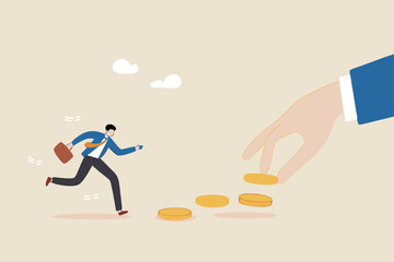 Follow the money, chasing for investment yield, profit or earning, change job for better salary or wages, greed or investing opportunity concept, greedy businessman running to grab money coin trail.