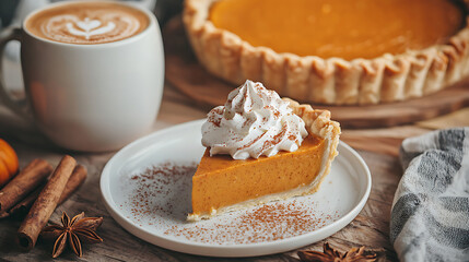 Delicious Slice of Pumpkin Pie with Whipped Cream and Latte