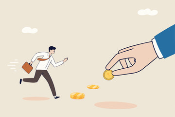 Follow the money, chasing for investment yield, profit or earning, change job for better salary or wages, greed or investing opportunity concept, greedy businessman running to grab money coin trail.