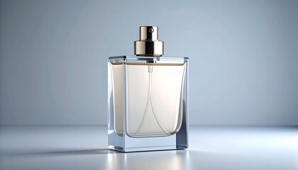 Elegant perfume bottle with a gold cap, minimalist design, showcased on a reflective surface against a soft, blurred background, capturing the essence of luxury.