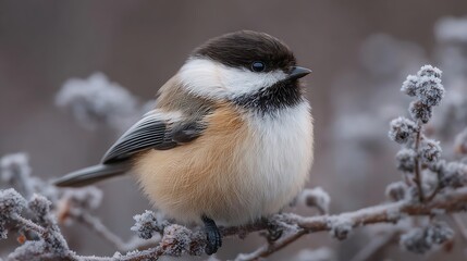 Naklejka premium Chickadee perched upon a frosty branch in winter