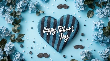 Father's Day heart-shaped chocolate design with blue stripes, mustache patterns, and floral accents on light-blue background. 