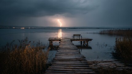 Naklejka premium A rickety wooden pier jutting into a stormy lake, a bright lightning bolt splitting the heavens and momentarily revealing churning dark waters beneath, no text