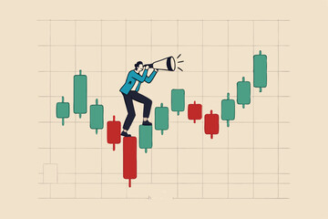 Investment forecast or prediction, vision to see investing opportunity, future profit from stock and crypto trading concept, businessman investor look on spyglass on trading candlestick chart.