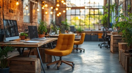 Fototapeta premium Bright and Cozy Workspace with Plants and Warm Lighting Elements