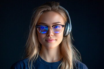 Smiling woman wearing headphones and glasses listening to music.