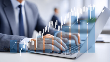 Businessman using laptop with financial stock trading chart.