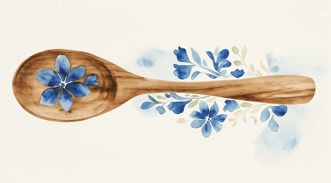 Ilustra&ccedil;&atilde;o em aquarela de uma colher de madeira esculpida &agrave; m&atilde;o com motivos florais azuis.