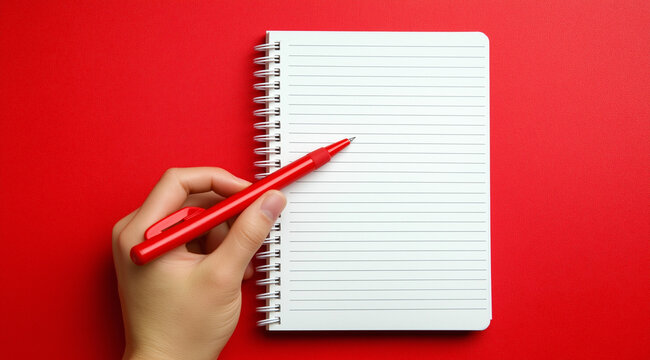 Uma m&atilde;o segurando uma caneta vermelha est&aacute; posicionada sobre um caderno espiral em branco sobre um fundo vermelho vibrante