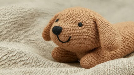 Close-Up of a Brown Knitted Puppy Plush Toy on Beige Fabric