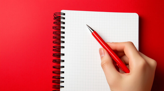Uma m&atilde;o segurando uma caneta vermelha est&aacute; posicionada sobre um caderno espiral em branco sobre um fundo vermelho vibrante