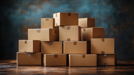 Stacked cardboard boxes on wood floor, textured backdrop