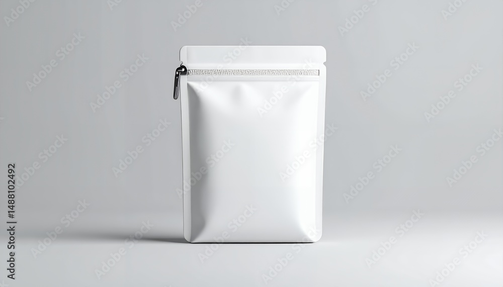 Poster front view of a blank white pouch mockup with a zipper, perfect for product packaging design and bra