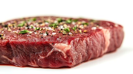 Obraz premium Raw Ribeye Steak Seasoned with Peppercorns and Fresh Rosemary on White Background 