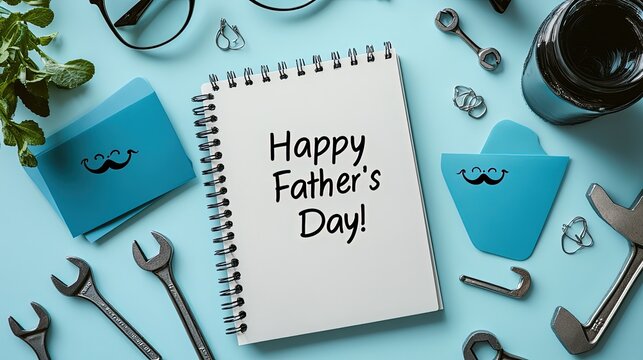 Top View Father's Day Vector: Notebook with Tools & Blue Stationery on Light Background for Cards or Branding - Powered by Adobe