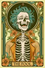 The fool. Tarot card in art nouveau style. Skeleton laughing. Vector illustration