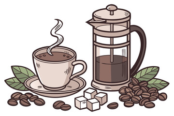 141 coffee beans, glass carafe with coffee, french press, hot coffee, ceramic cup, sugar cubes, mint leaves, food photography, realistic, high detail, studio lighting