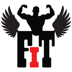 FIT Logo with Muscular Silhouette and Wings – Strength and Bodybuilding Branding