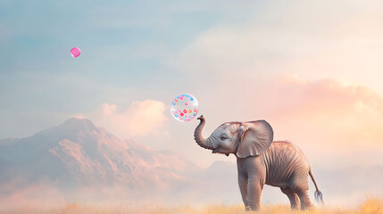 Baby Elephant Playing Bubbles with Sunset.