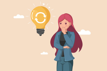 Considering Sustainable Ideas Woman Thinking Beside a Lightbulb with a Recycling Symbol, Representing Eco-Friendly Innovation.