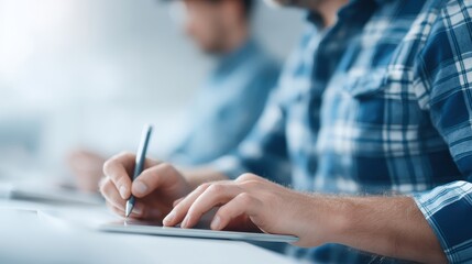 A close-up view of a person writing notes on a digital tablet, showcasing a focused work environment with subtle blurred colleagues in the background.