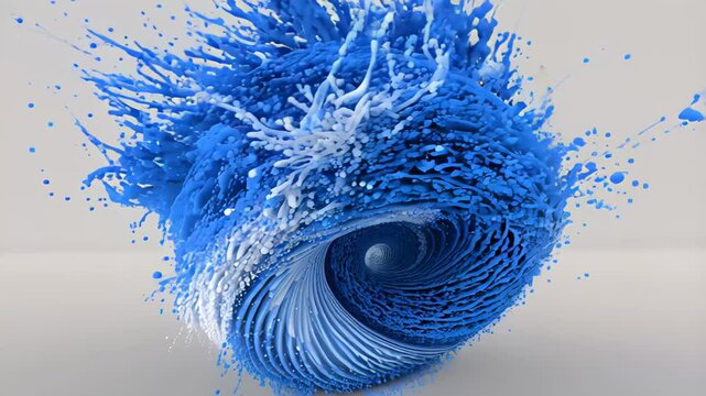 Exploding spiral of dripping sky blue and white paint suspended in mid-air against a clean light background, forming a dynamic vortex of creativity. Concept of innovation and infinite artistic energy