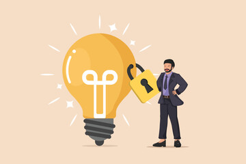 Securing a Bright Idea Businessman Placing a Padlock on a Glowing Lightbulb, Symbolizing Intellectual Property Protection.