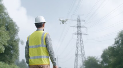 A construction worker in a safety vest observes a drone flying near power lines, highlighting modern technology in the utility sector for inspections and maintenance.