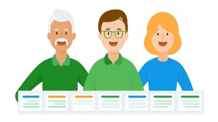 Fototapeta premium A diverse group of three individuals, representing different ages and genders, showcasing collaboration and teamwork in a modern setting, with positive expressions and engagement.