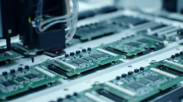 In a high-tech electronics facility, automated machinery assembles numerous circuit boards, showcasing precision and efficiency in the manufacturing process essential for modern technology.