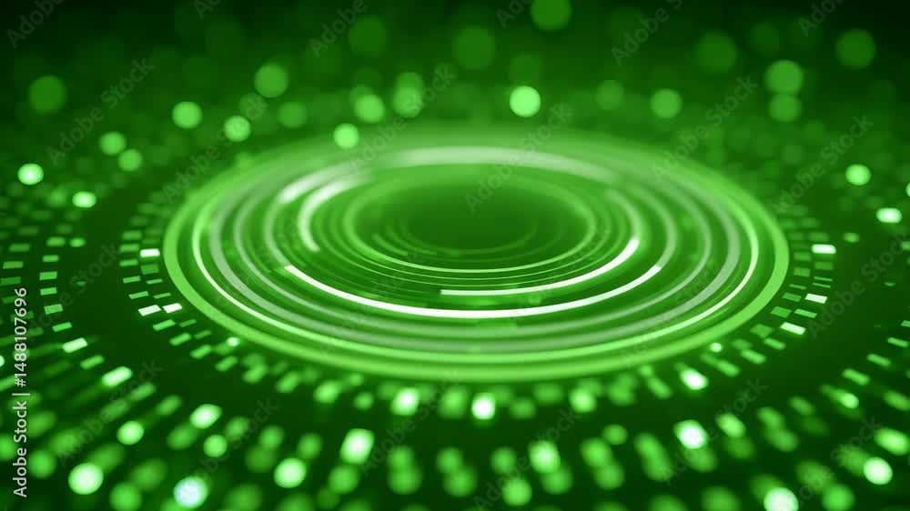 Poster vibrant green circular patterns radiating light with glowing effect and blurred bokeh background