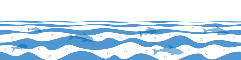 Vector drawing sea waves, shoal of fish, seamless border, isolated on white background