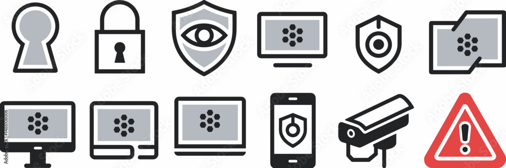 Poster cybersecurity icons vector sheet with keyhole padlock shield mouse monitor laptop smartphone and war