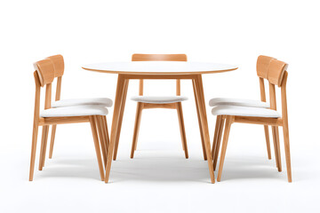 Wooden Round Dining Table with Four Chairs Isolated On White Background