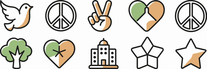 Fototapeta premium Vector icon sheet with diverse peace illustrations – Suitable for wellness platforms, educational tools, or global awareness campaigns