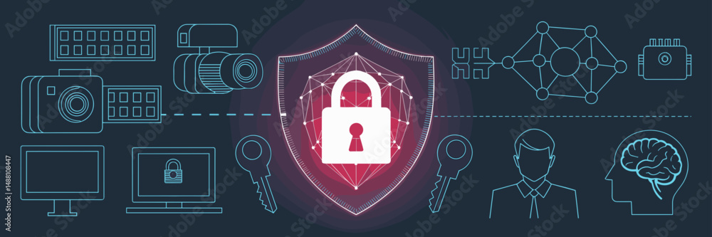 Poster cyber security vector icons with shield lock glowing red camera key network and brain on dark backgr