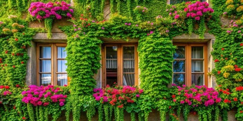 A lush greenery-covered facade with vines crawling up the walls and flowers blooming on the windowsills , flowers, plants