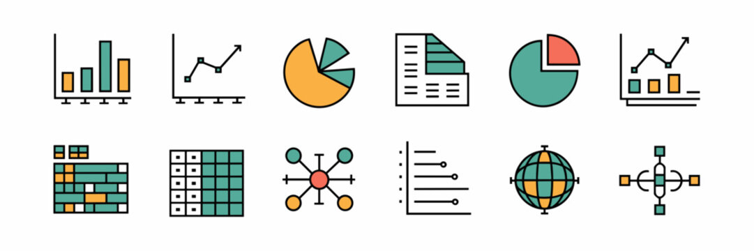 data symbols vector sheet with charts graphs database spreadsheet and algorithm icons on white background &ndash; perfect for data analytics, business intelligence, or tech presentations