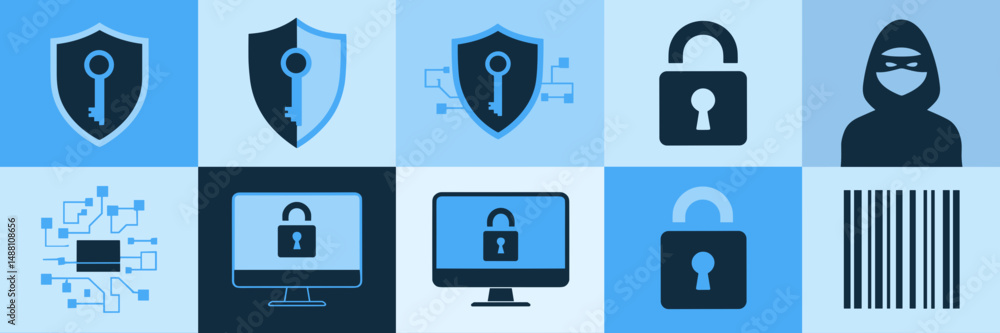 Poster flat design cybersecurity symbols vector sheet with shield key padlock hacker and barcode in blue an