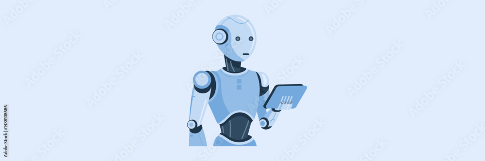 Poster vector icon of futuristic ai robot assistant holding a tablet – suitable for technology blogs, ai pr