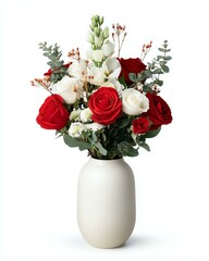 Vibrant floral arrangement in a vintage style vase A beautiful bouquet of red roses and white flowers in a modern vase, perfect for any occasion to uplift the ambiance.