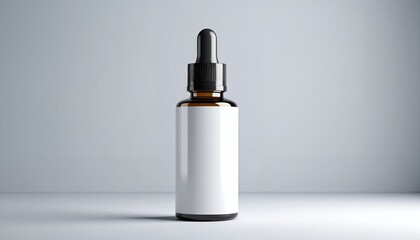 Studio shot of a brown dropper bottle with a black dropper and a blank white label for product branding and cosmetic product mockups.