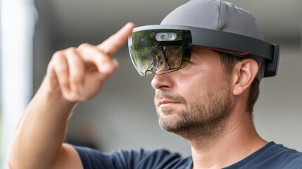 A man explores augmented reality using smart glasses, showcasing the future of technology. Focused and engaged, he gestures as he interacts with digital interfaces in real-time.