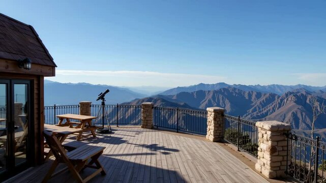 A wooden deck with benches and a telescope overlooks a stunning mountain range under a clear blue sky.