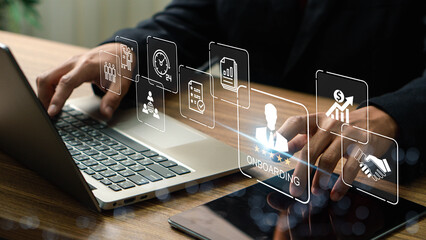 Onboarding concept. Businessman touching new employee welcome icon for HR business industry,...