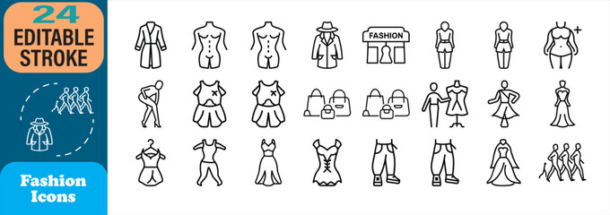 Collection of modern fashion icons representing clothing outfits and shopping symbols in outline style