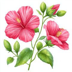 Beautiful hibiscus flowers with vibrant pink petals and green leaves create stunning botanical illustration. delicate details evoke sense